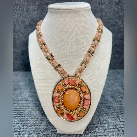 Vintage Chicos Statement Necklace Large Pink Peach Rhinestone Pendant Beaded - Picture 1 of 9